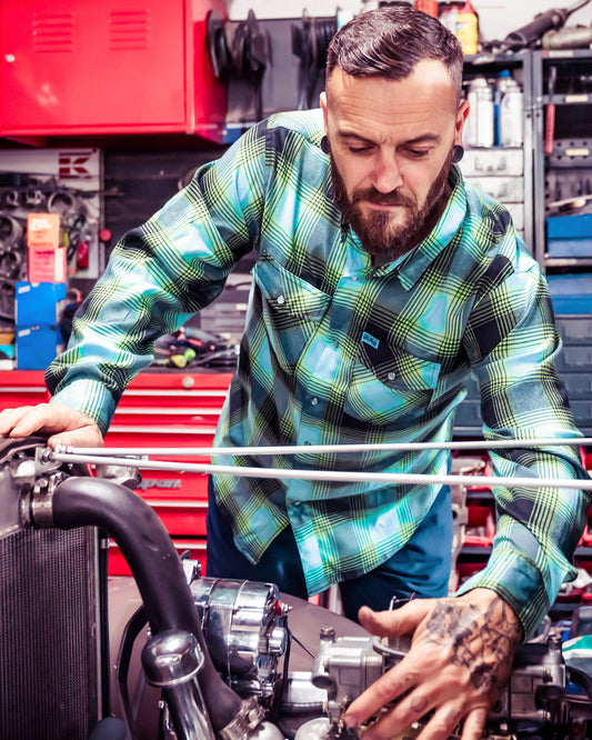 sucker punch green and blue lightweight plaid flannel shirt flat lay front view on a gray background