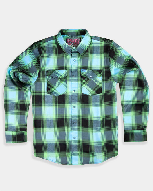 Green, blue and black plaid flannel shirt on a white background - sucker punch flannel