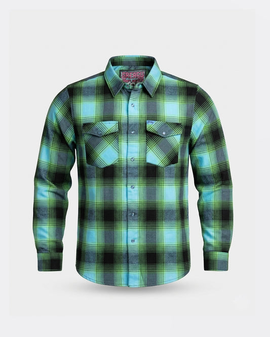 Plaid flannel shirt with green and blue pattern on a white background - The Sucker Punch Flannel from Greasy Hands Society