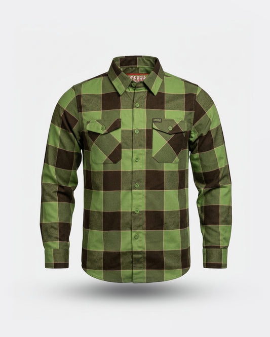 plaid Green and brown flannel shirt on a white background - The Griswold Flannel from Greasy Hands Society