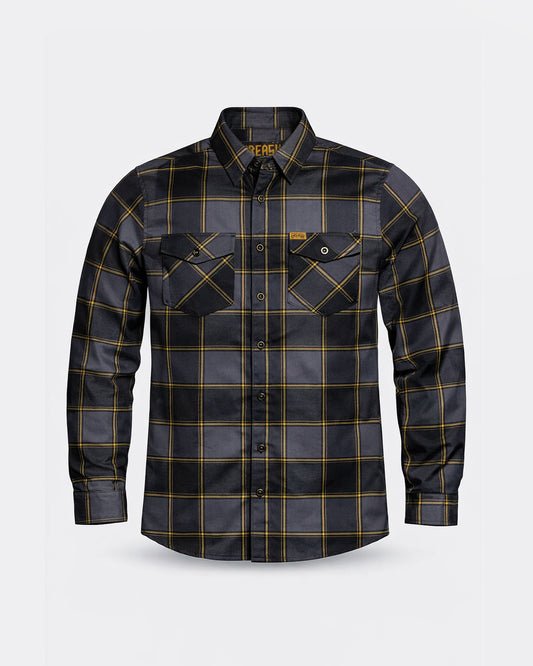 Black gray and orange plaid flannel shirt on a light gray background - El Lobo Flannel by Greasy Hands Society