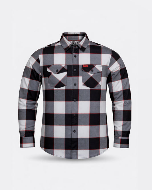Plaid shirt with black, white, and gray pattern on a light gray background - The Banger Flannel by Greasy Hands Society