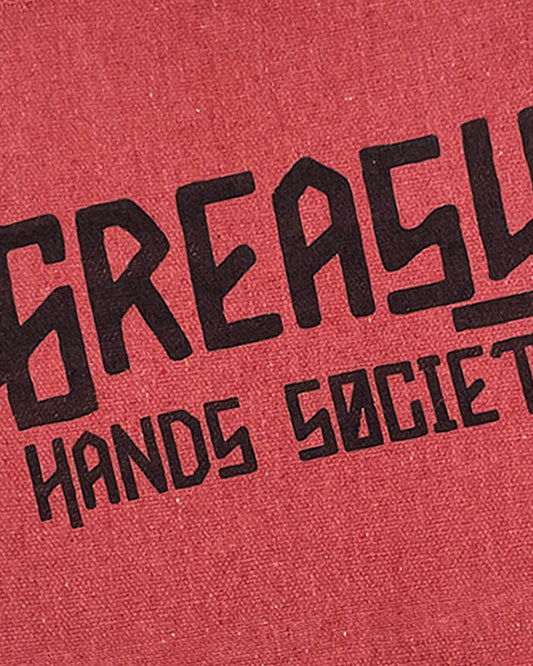 greasy hands society logo red shop rags detail of the screen print