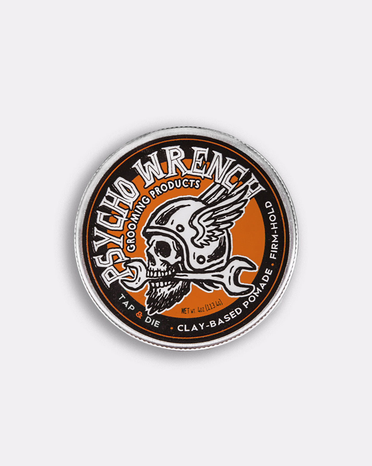 Psycho Wrench grooming product container with skull design on a white background - Psycho Wrench Tap & Die Clay Pomade by Greasy Hands Society