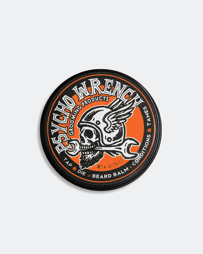 Beard balm container with 'Psycho Wrench' branding on a white background - Psycho Wrench Tap & Die Beard Balm by Greasy Hands Society