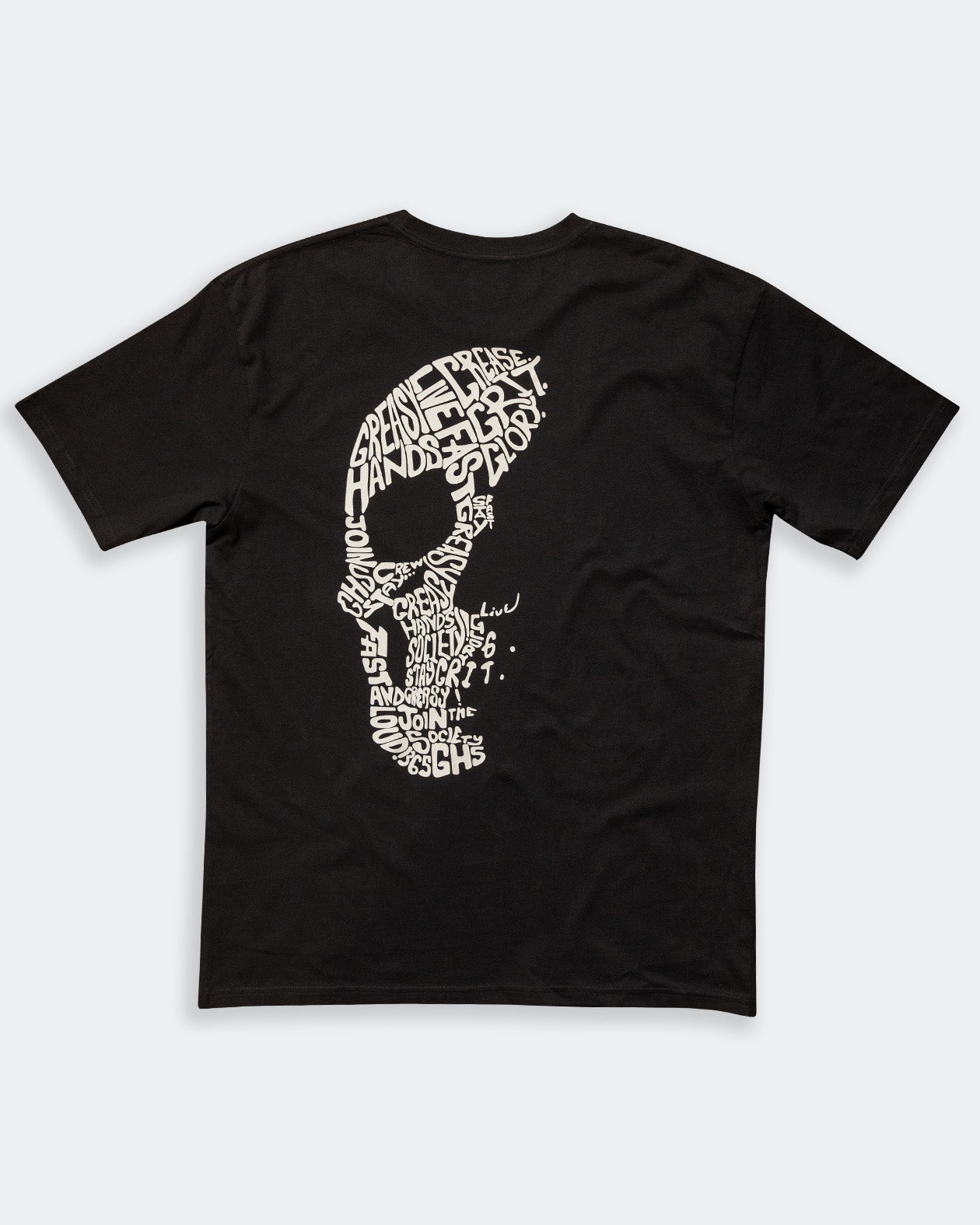 way of life black t-shirt full back graphic with the words live fast stay greasy in a skull shape