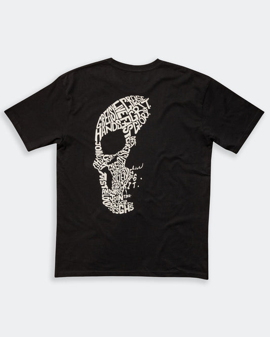 way of life black t-shirt full back graphic with the words live fast stay greasy in a skull shape