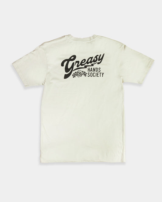 Beige t-shirt with 'Greasy Hands Society' text on a white background - women's desination graphic tee