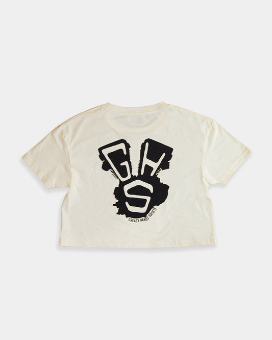 Beige crop t-shirt with black graphic design on a white background for women