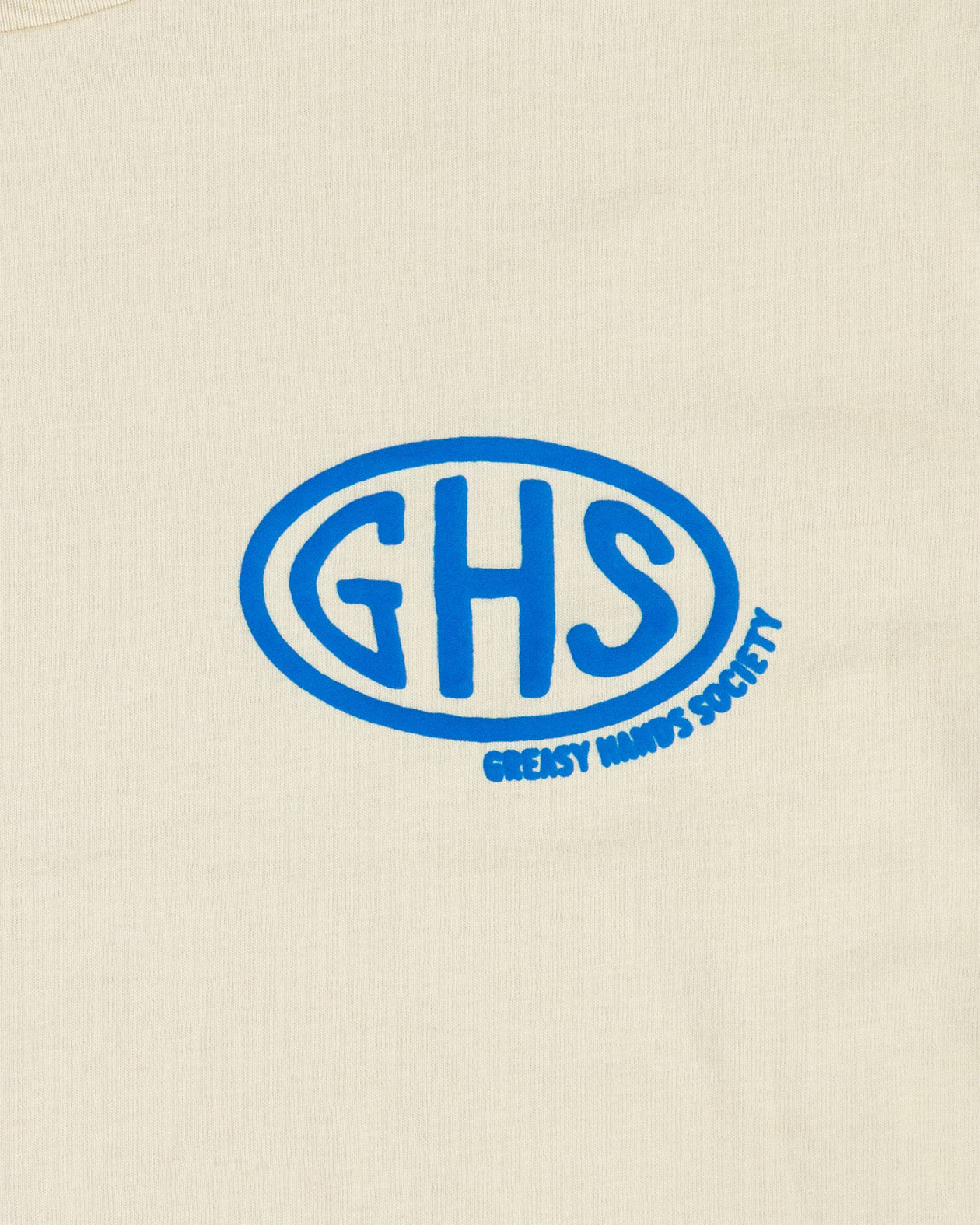 Blue 'GHS Greasy Hands Society' logo on a beige background - Buckle Up Crop Top by Greasy Hands Society