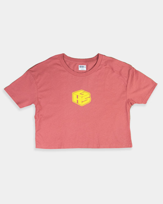 small block peach crop top for women flat lay view on gray background