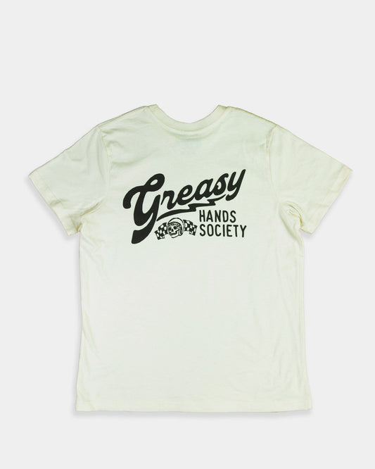 back of the destination women's graphic tee - Light green t-shirt with 'Greasy Hands Society' text on a white background