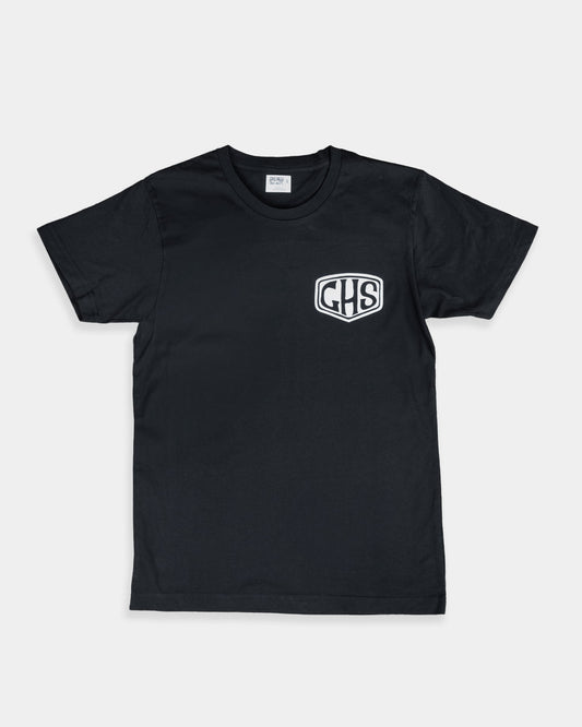 Factory Sealed women's Black t-shirt with a GHS shield graphic on a white background