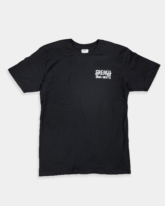 Blackwomens graphic tee - t-shirt with a greasy hands society logo on the chest against a white background
