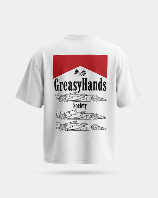 White boxy streetwear JDM t-shirt with 'Greasy Hands Society' graphic design on a white background