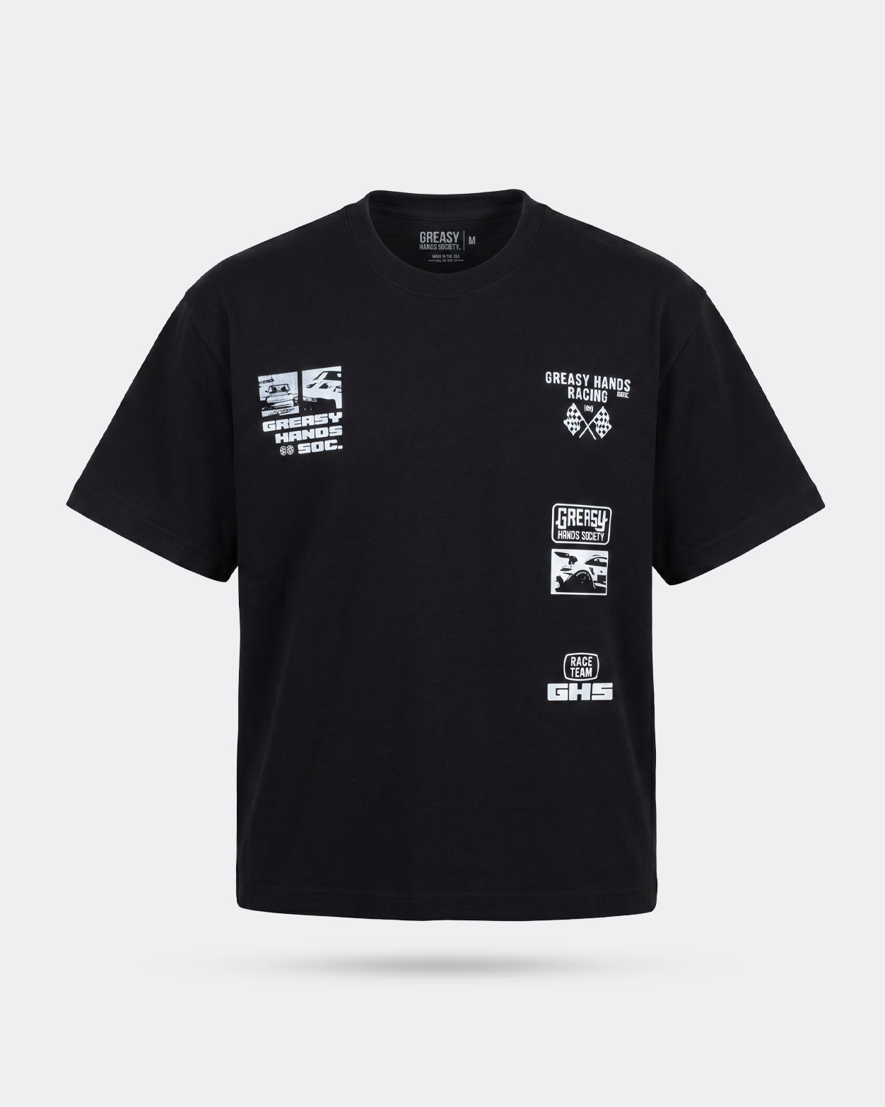 men's Black t-shirt with white graphics and text on a light gray background - street racer graphic tee by greasy hands society