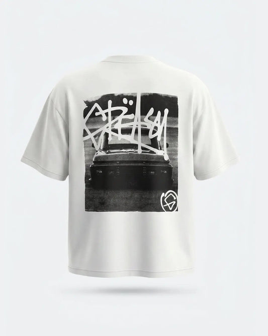 White t-shirt with black and white graphic design on a white background - Slam'd White Heavyweight graphic Tee by Greasy Hands Society