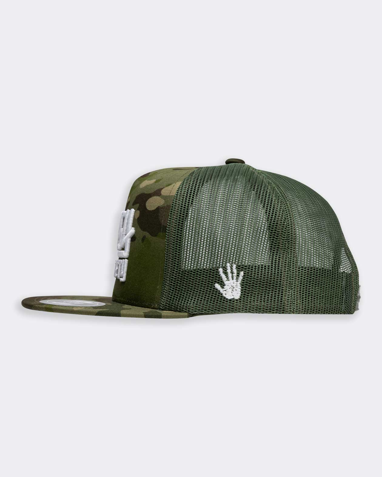 green military camo logo hat side profile showing greasy hands hand