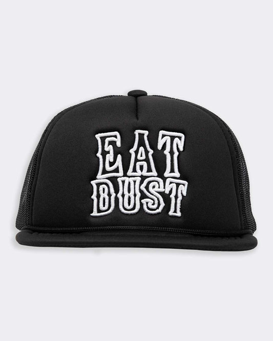eat dust white text on black trucker hat front view