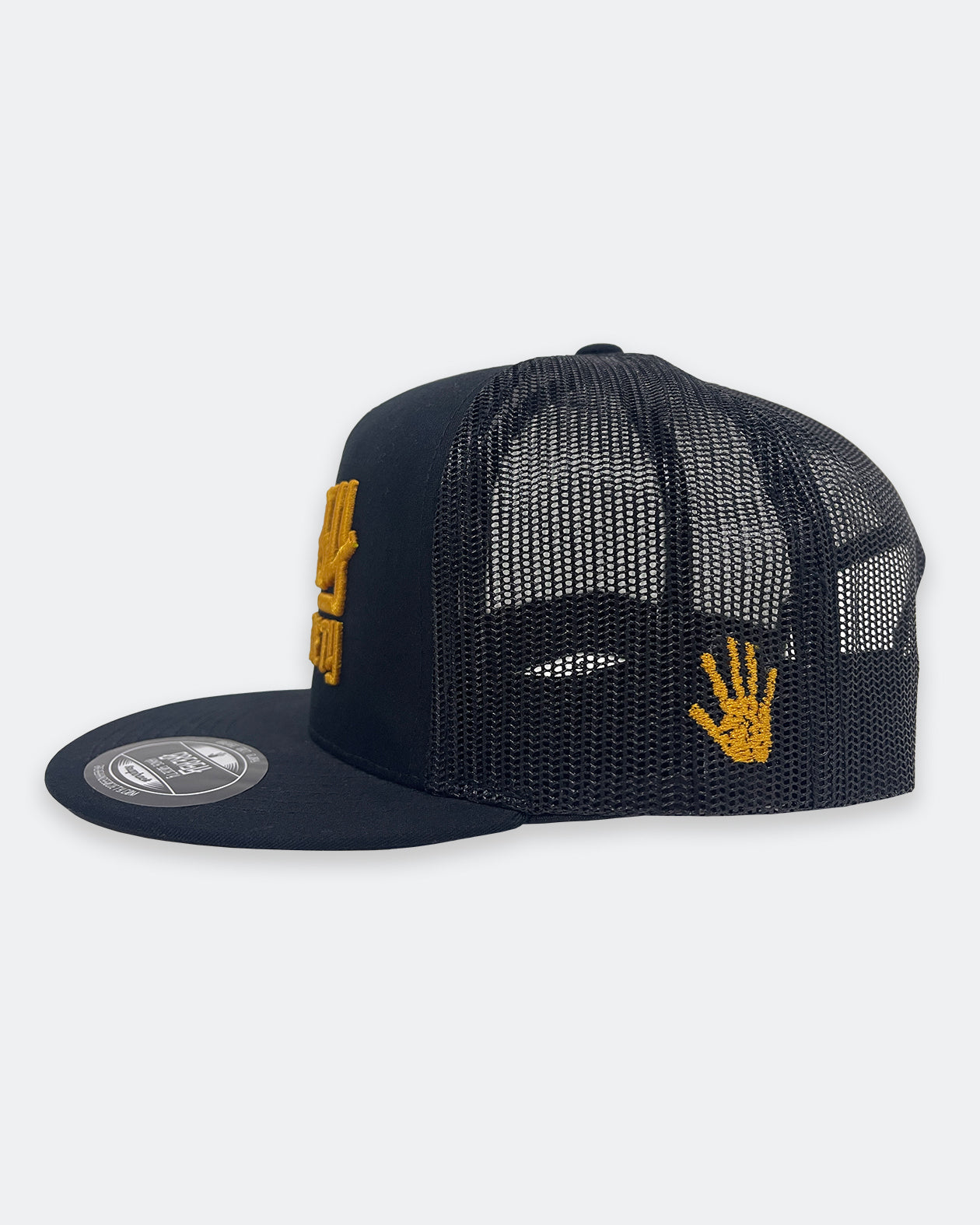 greasy hands society gold logo on black hat side view showing the signature hand icon