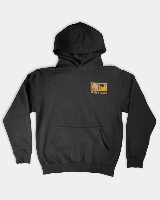 support your local car club black heavyweight hoodie front flat lay view