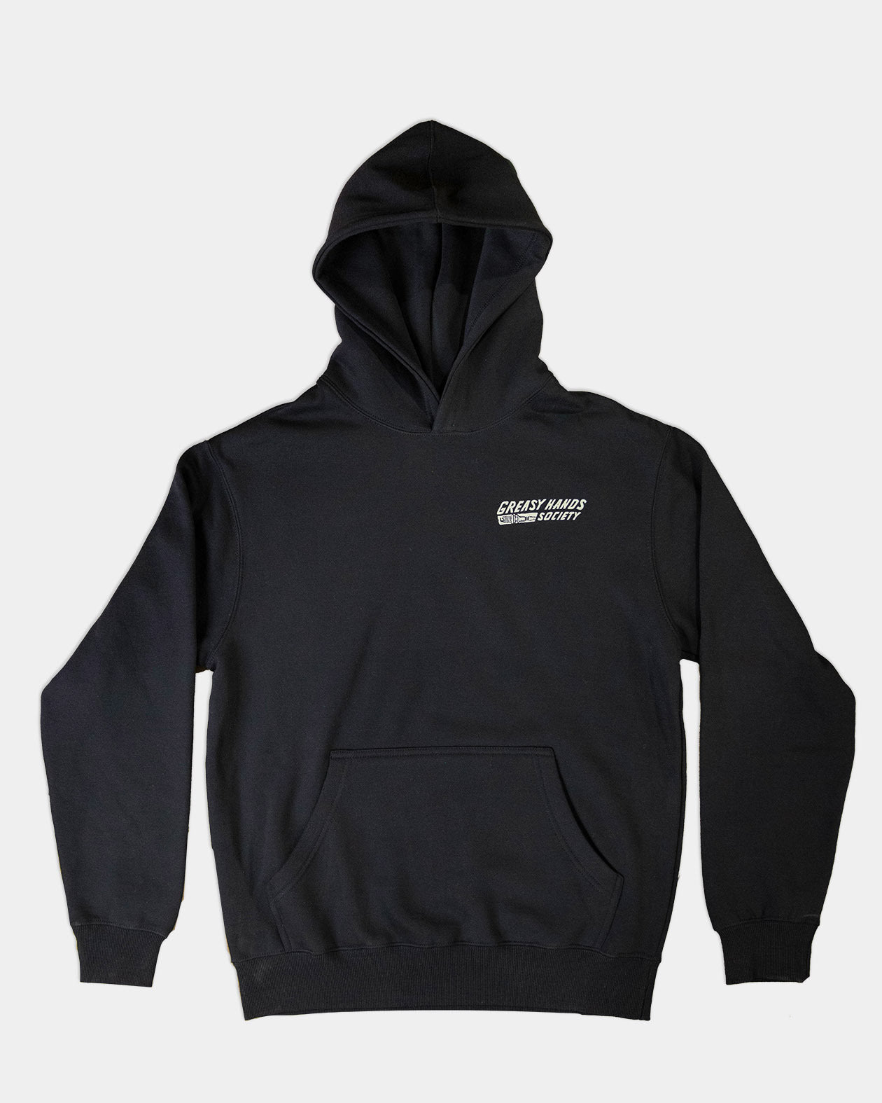 bolted down black heavyweight hoodie front flat lay view showing front left chest graphic
