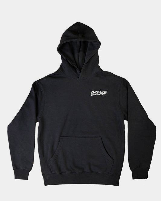 bolted down black heavyweight hoodie front flat lay view showing front left chest graphic
