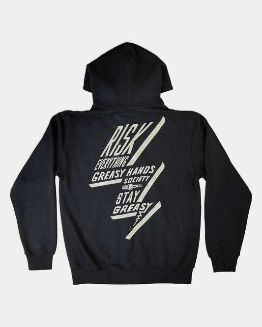 bolted down black heavyweight hoodie back flat lay view with full back graphic of a lightning bolt saying risk everything - Bolted Down Men's Heavyweight Box Hoodie by Greasy Hands Society