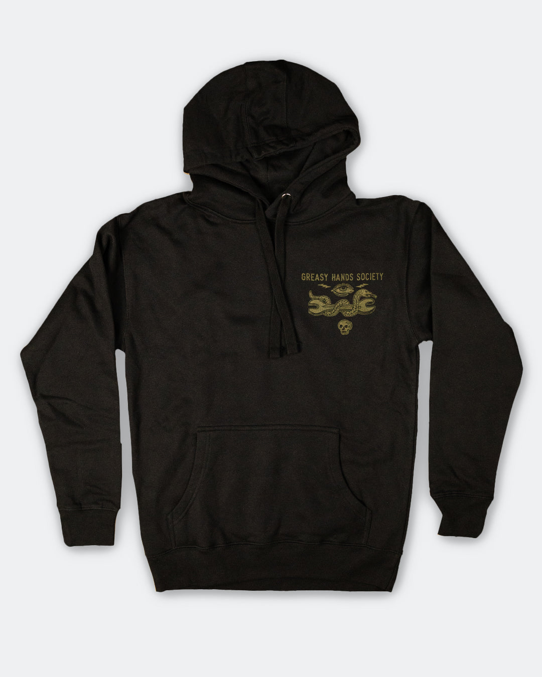 Black hoodie with gold logo on a white background