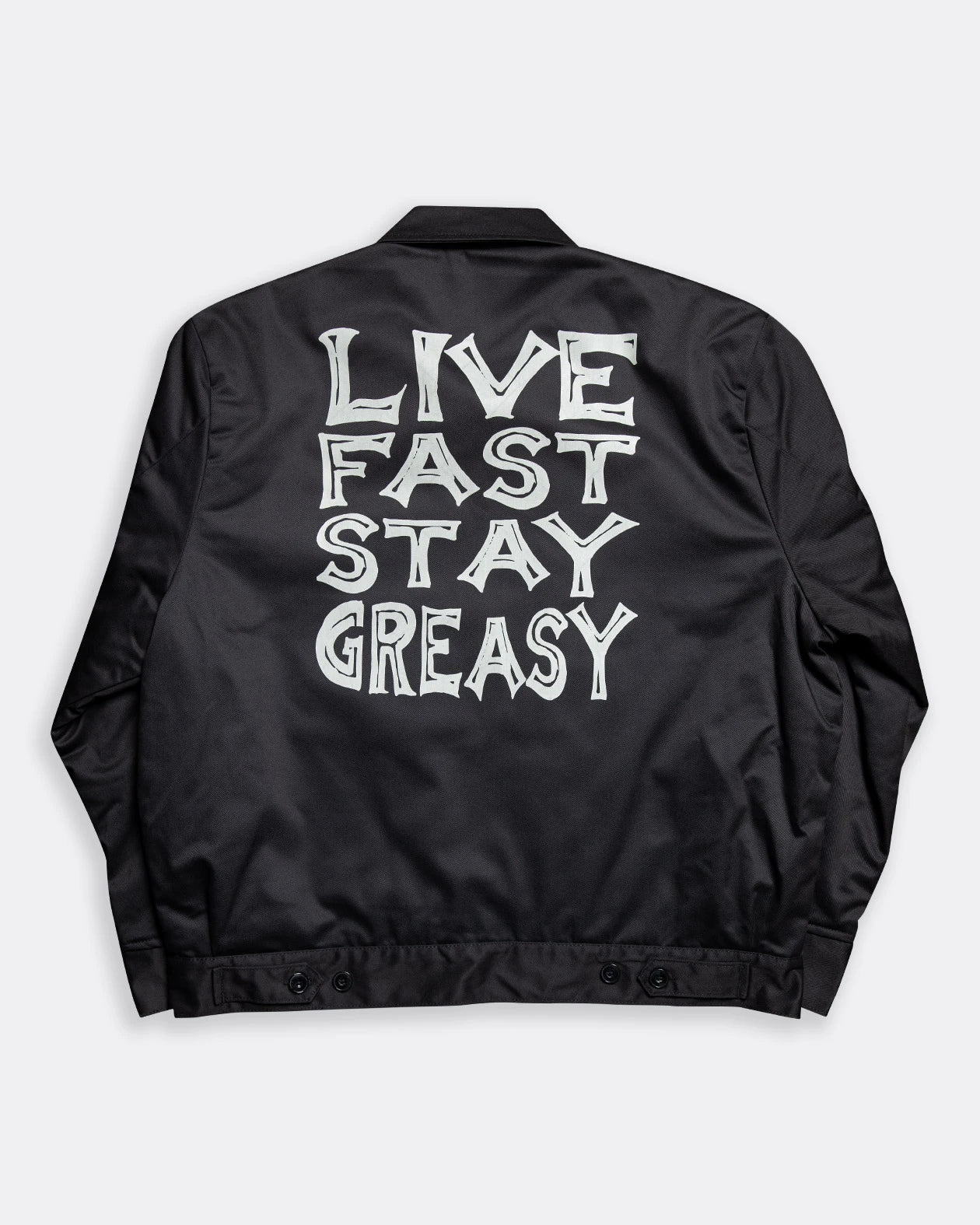 Live Fast stay greasy Mechanic Jacket full back graphic on a black jacket