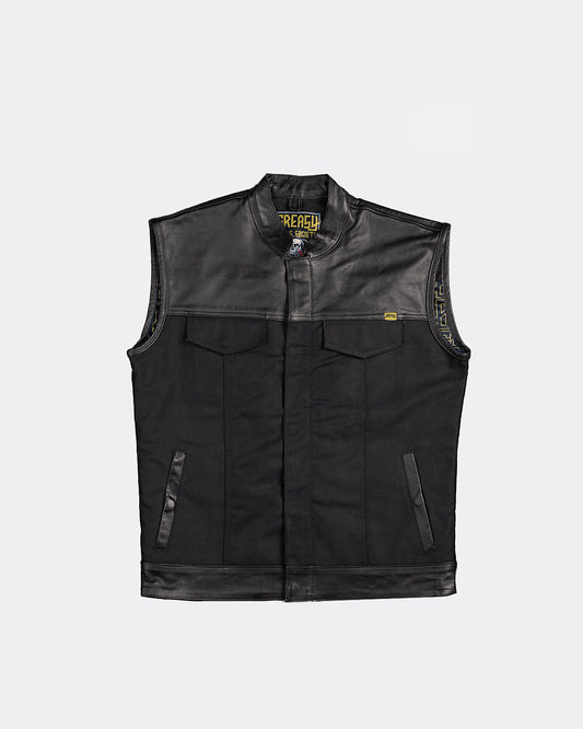 Black leather and canvas motorcycle vest with greasy hand society branding on a light gray background
