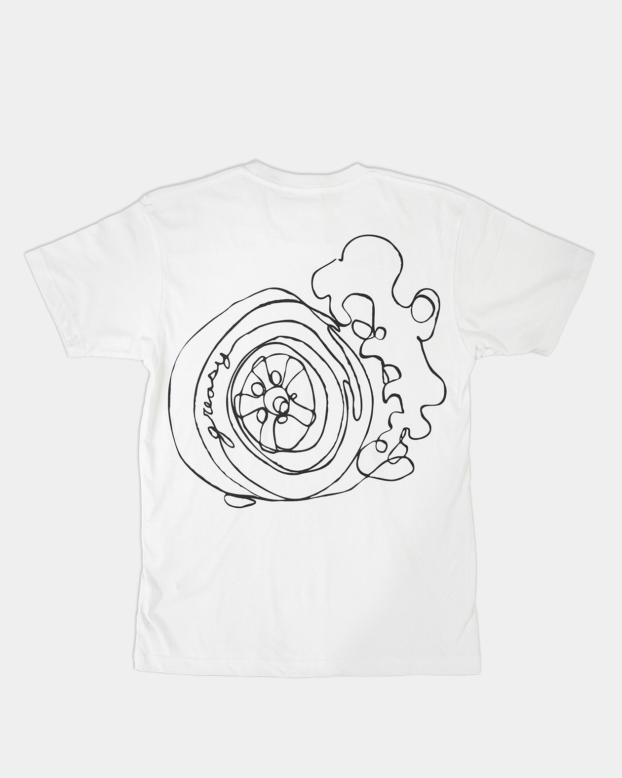 White t-shirt with black line art design of a wheel on the back - flat lay on gray
