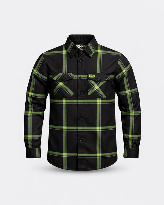 Black and green plaid flannel shirt on a light gray background - The Moto Flannel by Greasy Hands Society