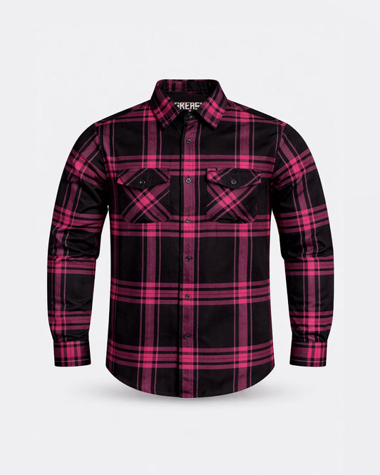 Plaid black and pink flannel shirt on a light gray background - The Lonely Heart Flannel by Greasy Hands Society