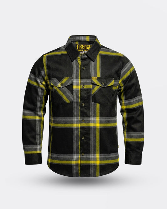plaid Black and yellow flannel shirt with reflective yellow stripes on a white background - The Eat Dust Flannel from Greasy Hands Society