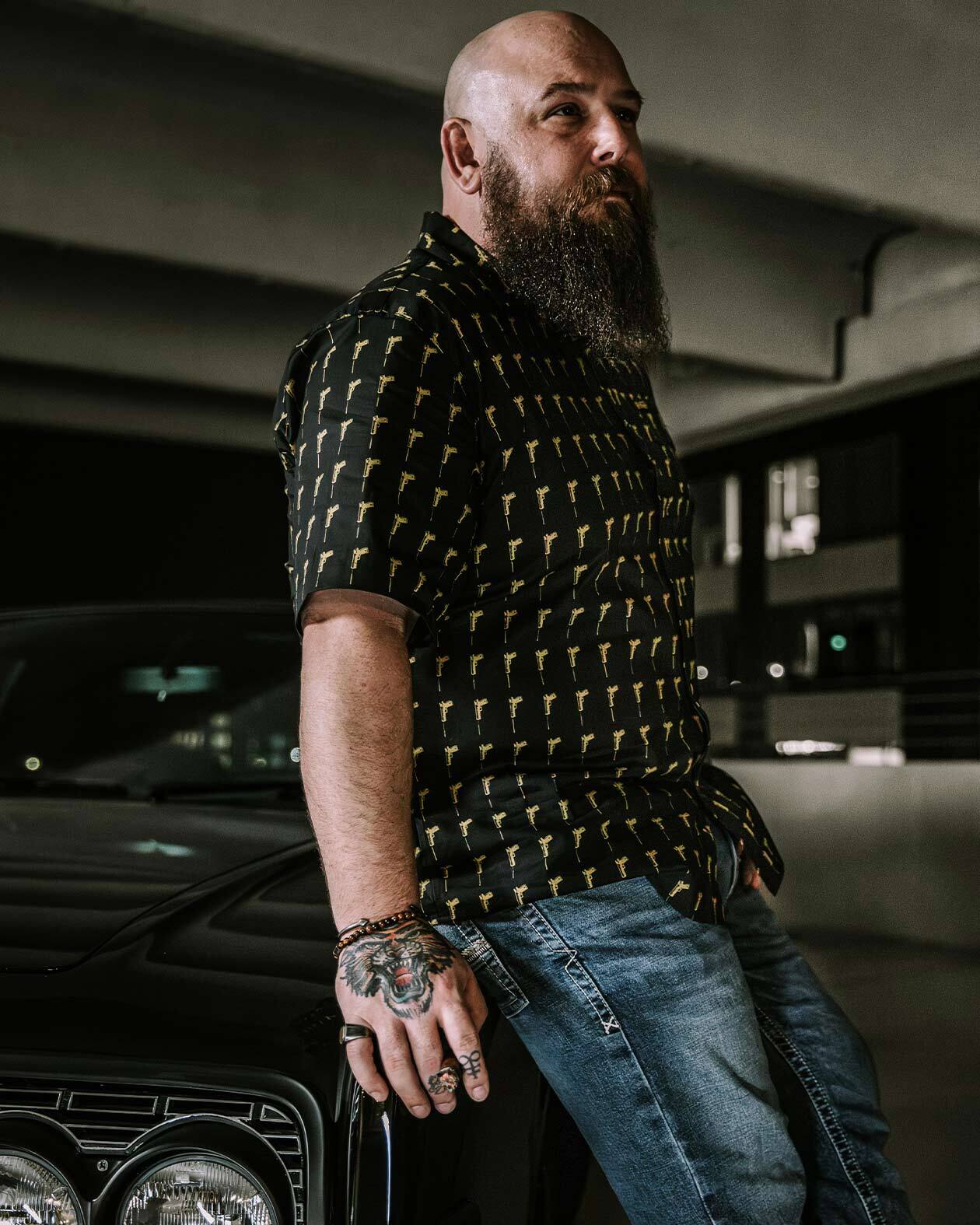 hitman black and gold button up short sleeve shirt