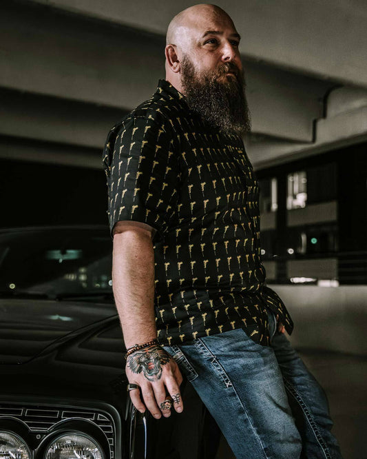 hitman black and gold button up short sleeve shirt