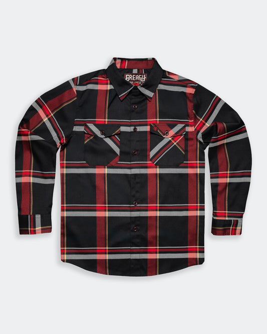The Devil in the Details Flannel black red and white flannel colorway flat lay of gray - Greasy Hands Society