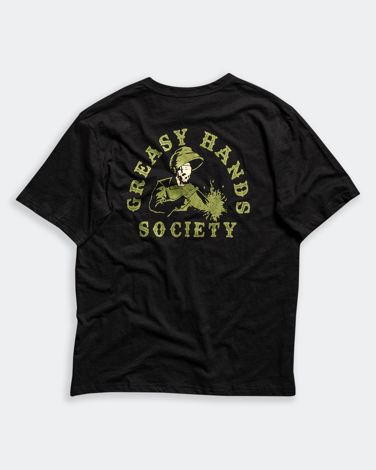 Weld On back design showing a welder in green - welders black t-shirt back graphic