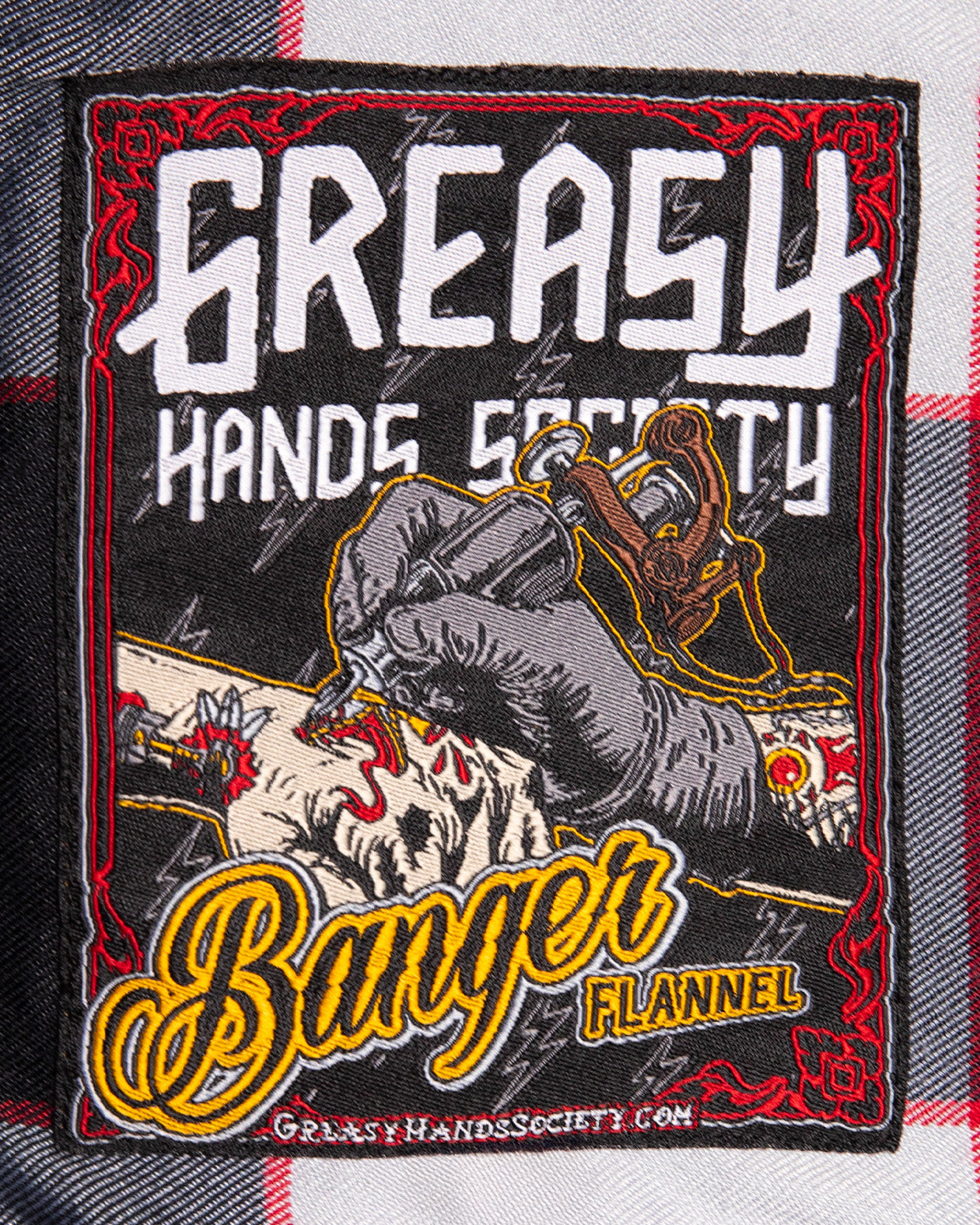the banger flannel tag art showing a tattooer tattoo artist - The Banger Flannel by Greasy Hands Society