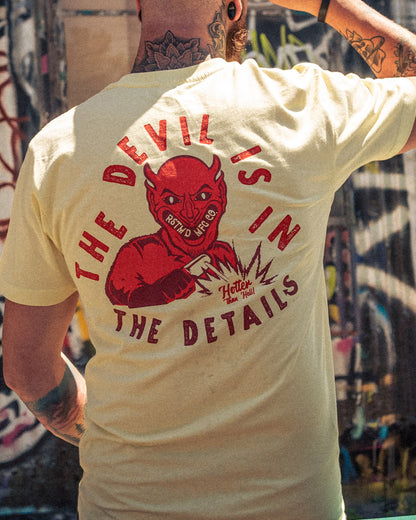 devil is in the details yellow tee shirt full back graphic of a devil