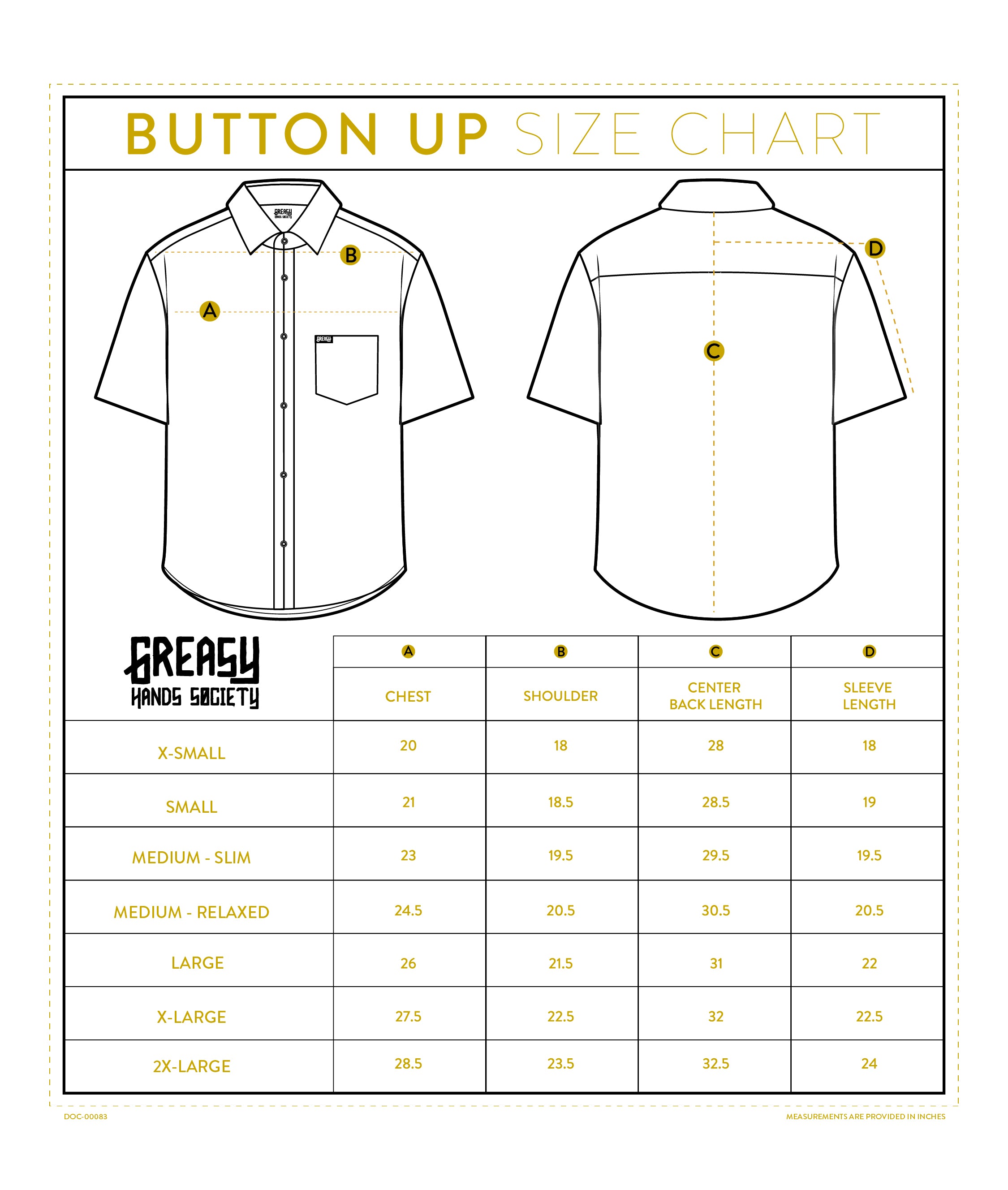 Size Chart Flannels, TShirts, ButtonUps etc Greasy Hands Society