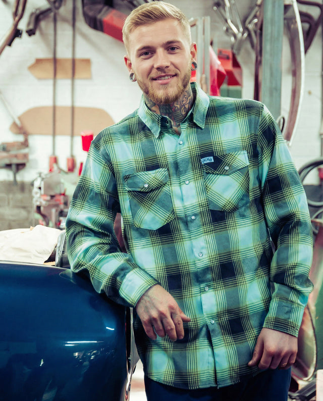 sucker punch green and blue lightweight plaid flannel shirt flat lay front view on a gray background