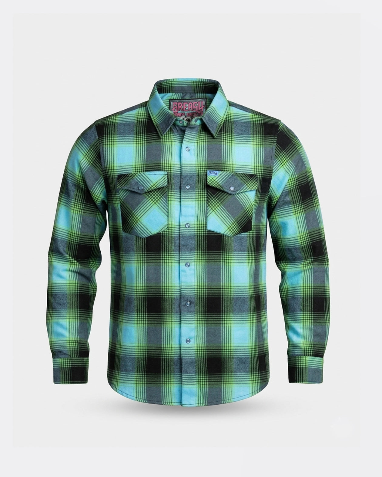Plaid flannel shirt with green and blue pattern on a white background - The Sucker Punch Flannel from Greasy Hands Society
