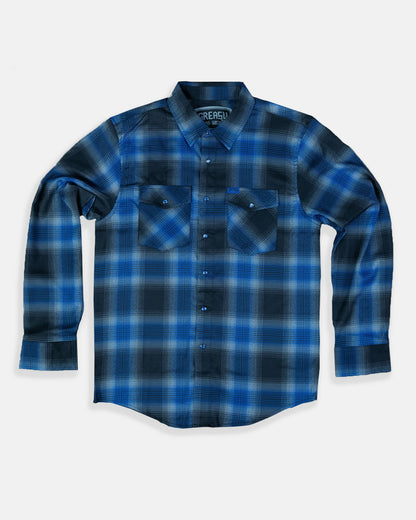 the nailhead flannel plaid shirt in blue and black featuring pearl snap buttons and a button-down collar - greasy hands society