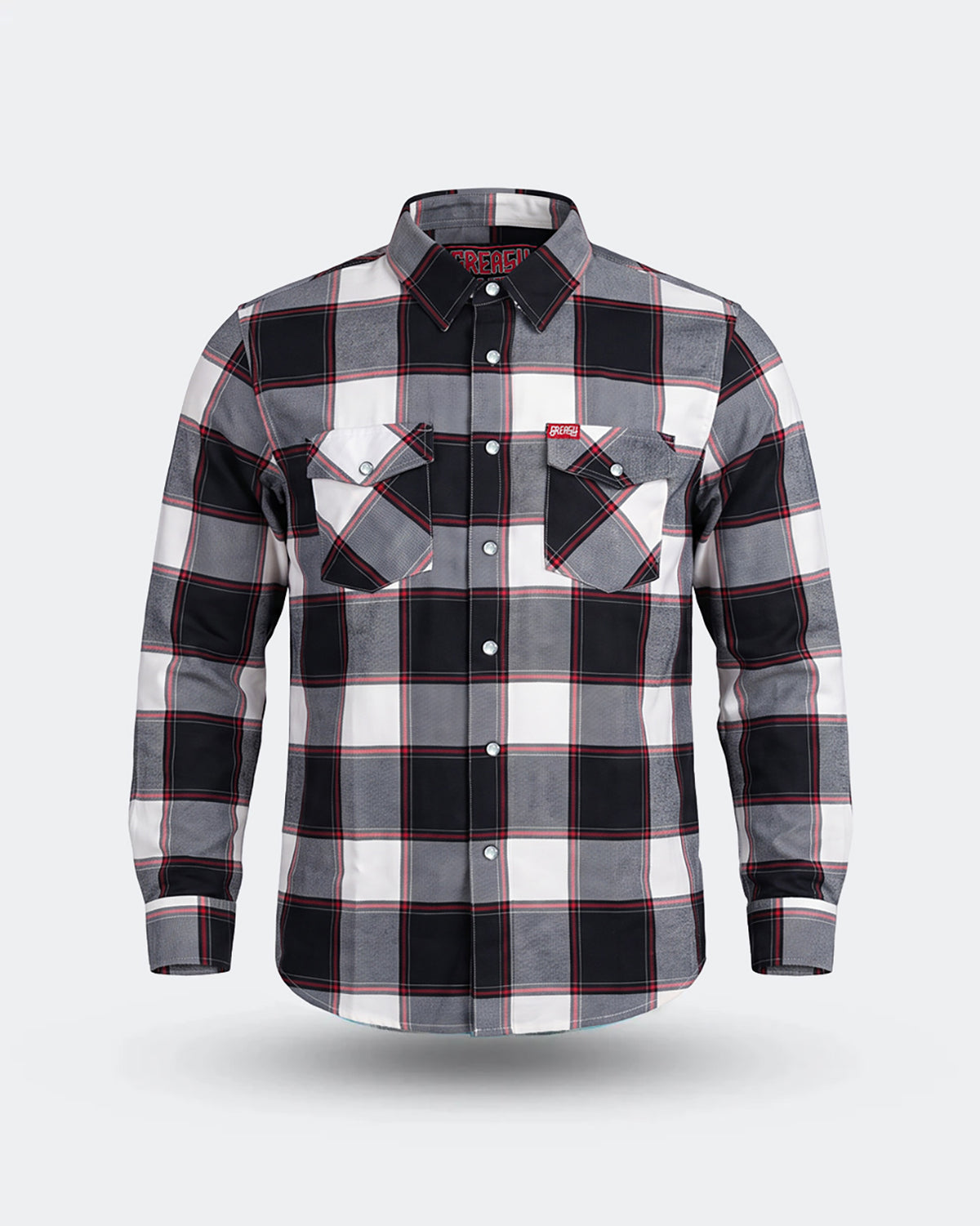 A long-sleeve button-up plaid flannel shirt in black, white, and gray with thin red accent lines, shown on a light gray background - The Suicide Machine Flannel by Greasy Hands Society