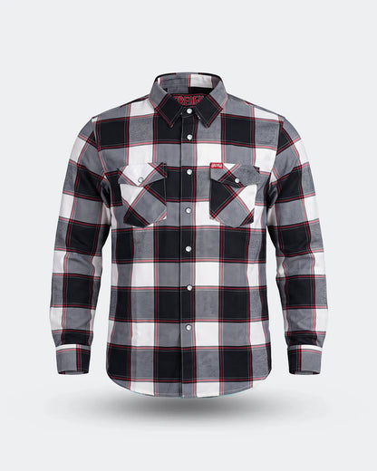A long-sleeve button-up plaid flannel shirt in black, white, and gray with thin red accent lines, shown on a light gray background - The Suicide Machine Flannel by Greasy Hands Society