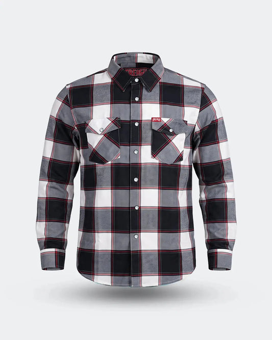 A long-sleeve button-up plaid flannel shirt in black, white, and gray with thin red accent lines, shown on a light gray background - The Suicide Machine Flannel by Greasy Hands Society