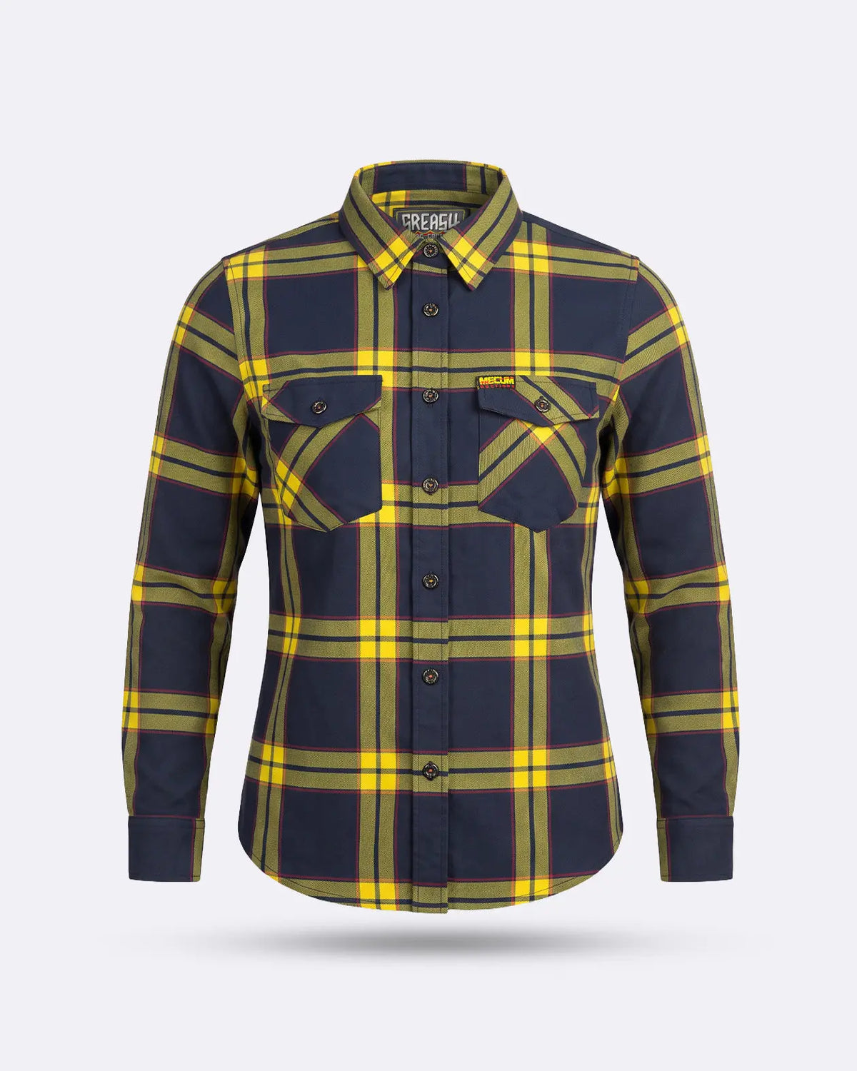 A long-sleeve button-up flannel shirt featuring a dark gray and yellow plaid pattern, displayed on a clean light gray background - The Main Attraction Flannel - Mecum Auctions x Greasy Hands Society Collab Flannel
