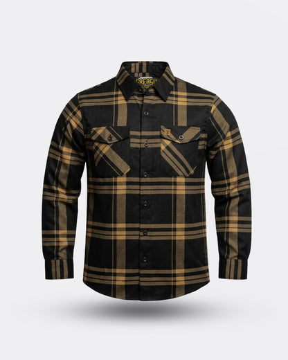 plaid Black and gold flannel shirt on a light gray background - The Two Lane Flannel by Greasy Hands Society